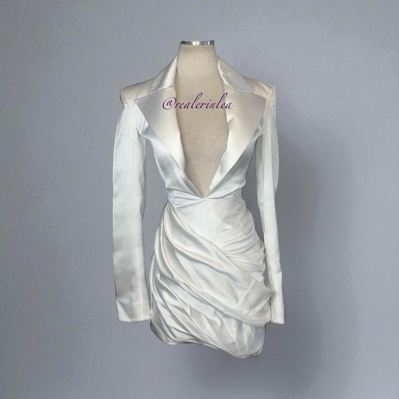 Balmain Dresses & Skirts - Balmain Plunge-Neck Deep V Satin Dress Mini Blazer White EU 34 0 2 NWT Authentic